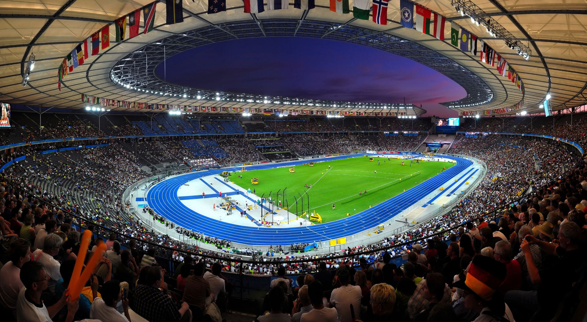 The Olympic Stadium in Berlin lit up at night