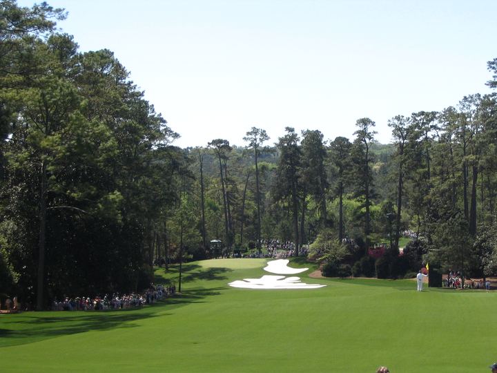 The 10th hole at Augusta National Golf Club framed by tall pines